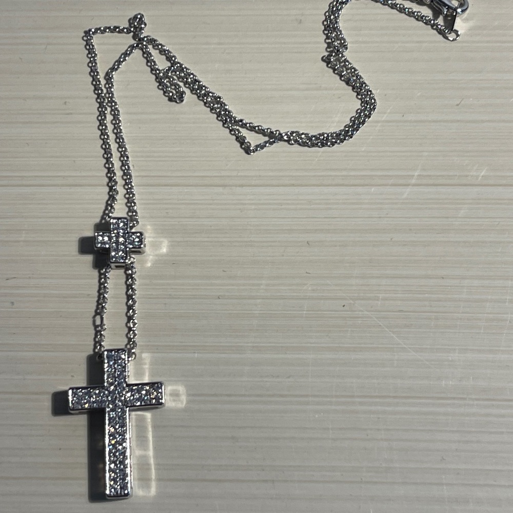 Beautiful Silver Tone  Double Crystal Cross Necklace